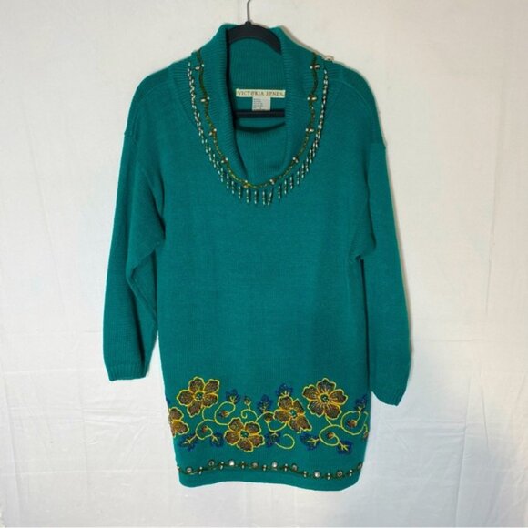 Vintage Victoria Jones Beaded Oversized Green Ramie Cotton Cowl Neck Sweater L - Picture 16 of 16